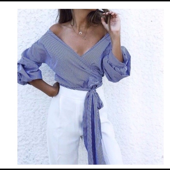 Zara blue white striped wrap blouse - Picture 4 of 4